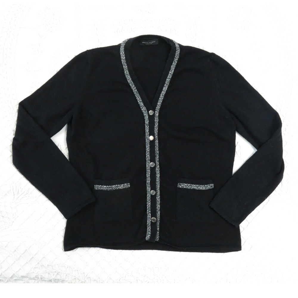 Bruno Manetti Cashmere Cardigan Black Contrast Trim Made in Italy TG 48 Large